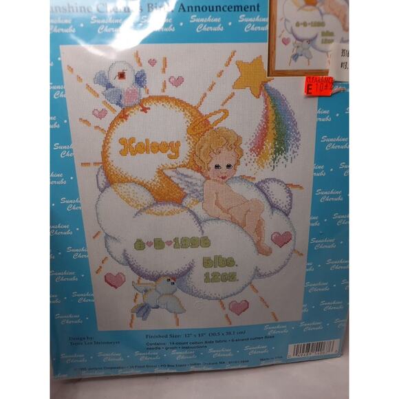 Vtg Janlynn Counted Cross Stitch Kit Sunshine Cherubs Birth Announcement 12x15 - Picture 2 of 6